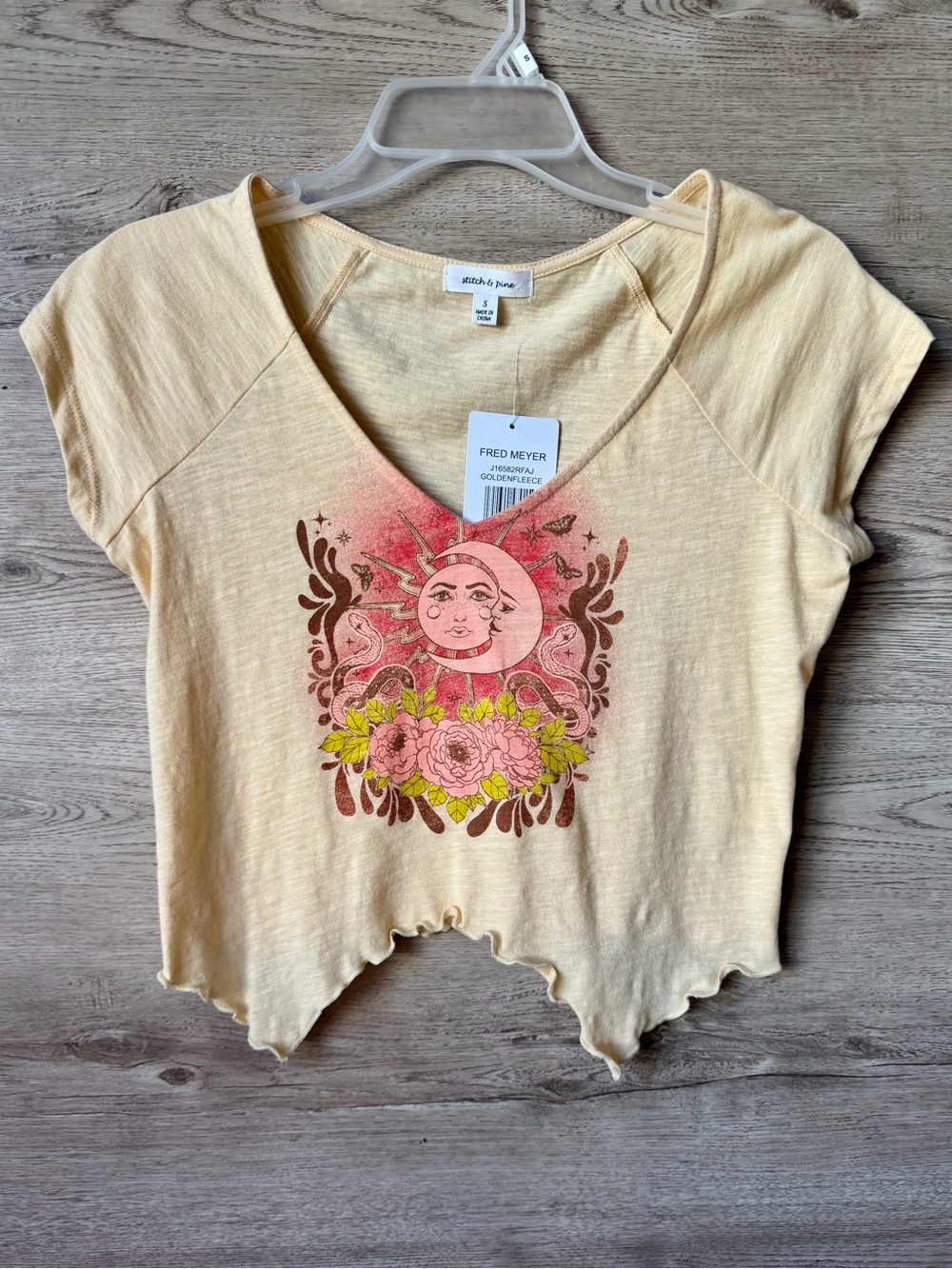 Celestial Fairycore Crop Top Small Boho Sun Moon Lettuce Hem Y2K Floral NWT